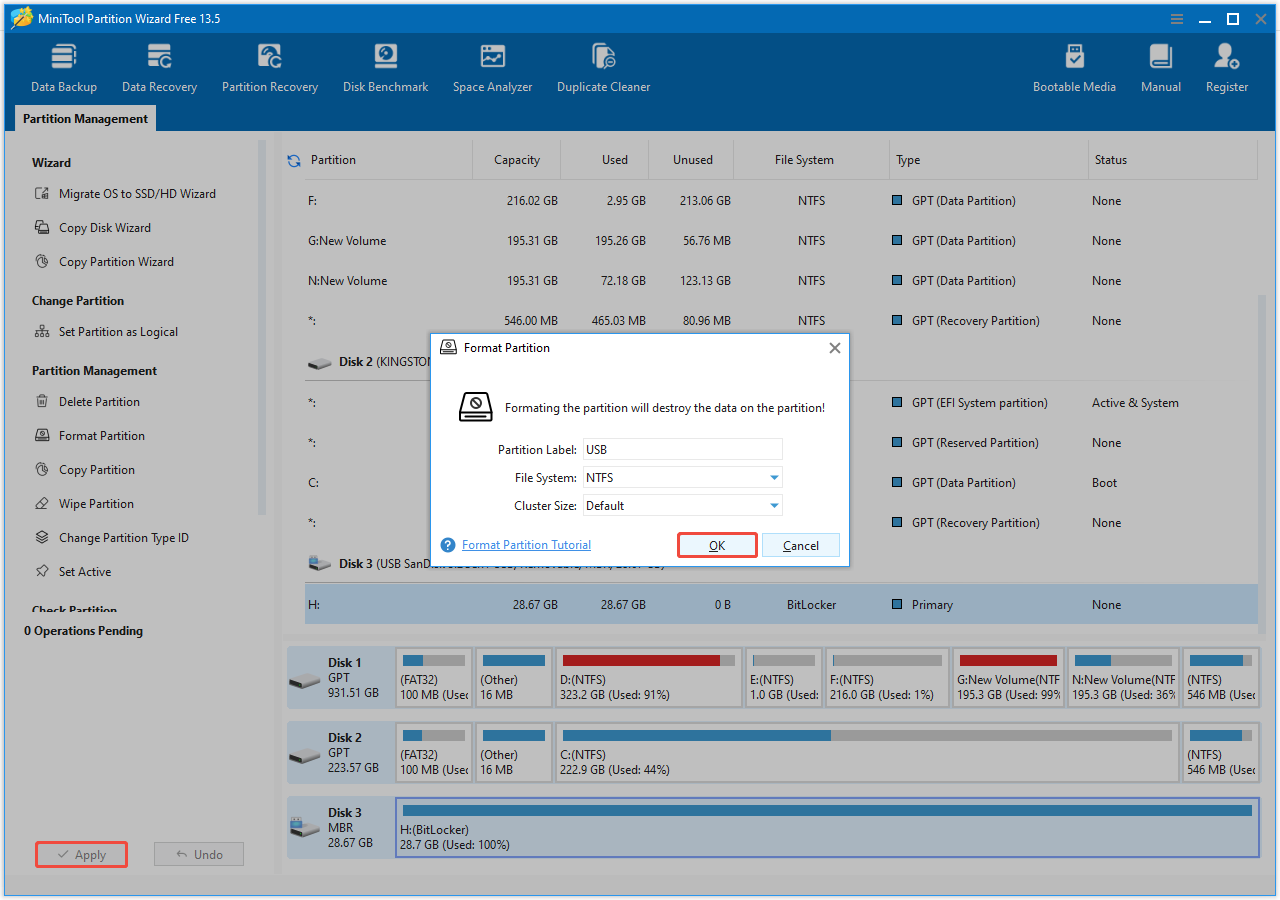 The MiniTool Partition Wizard interface showing the Format Partition window, with the OK and Apply buttons selected.