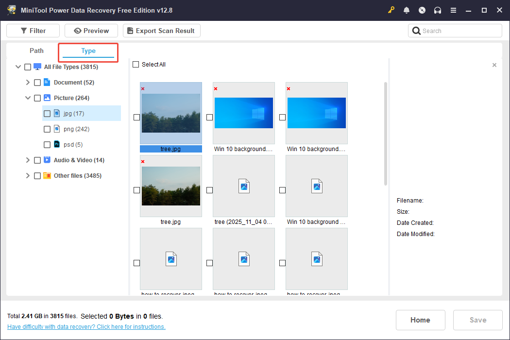 MiniTool Power Data Recovery interface showing the Type section in jpg file format, with Type selected.