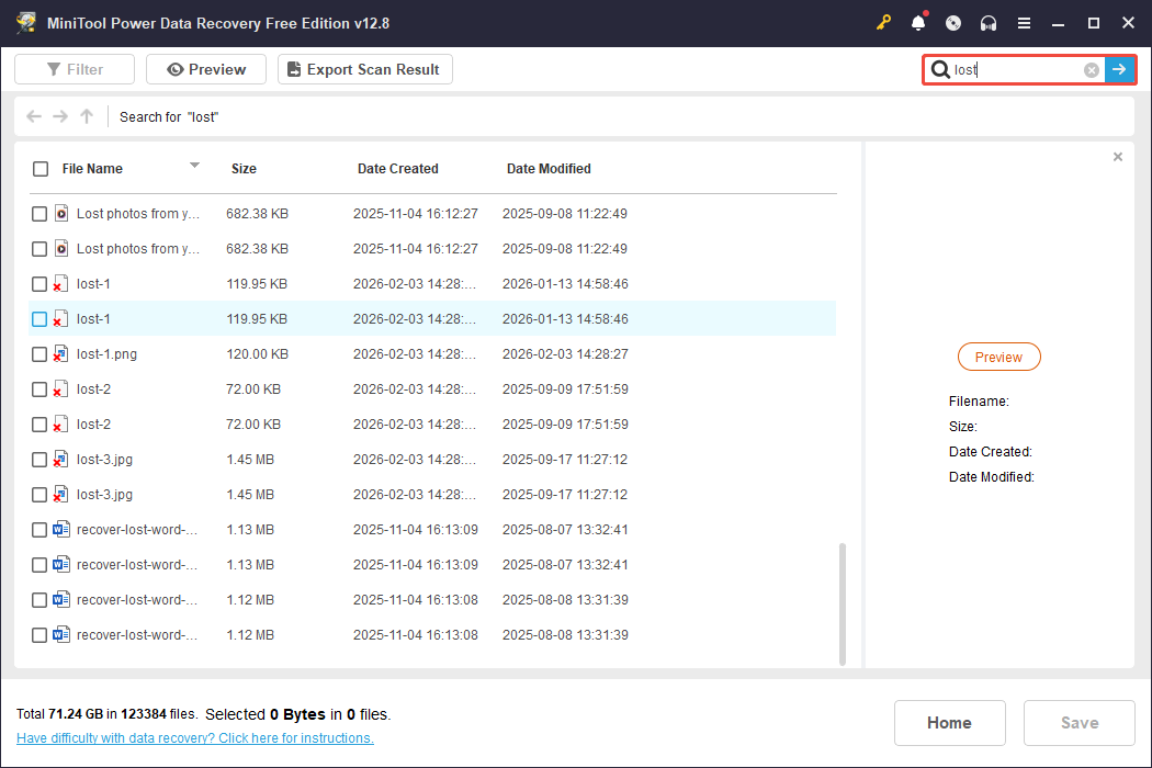 MiniTool Power Data Recovery interface showing the search result for the word lost, with the Search box highlighted.