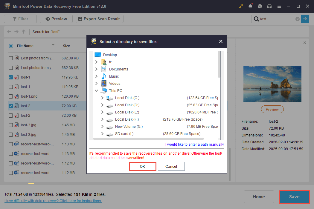 MiniTool Power Data Recovery interface showing the save locations, with the Save and OK buttons highlighted.
