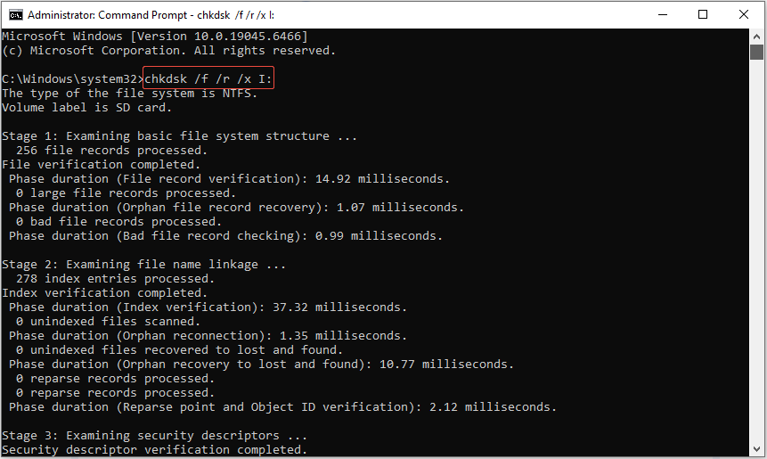 The Command Prompt interface showing the CHKDSK command running on the I drive, with the CHKDSK command selected.