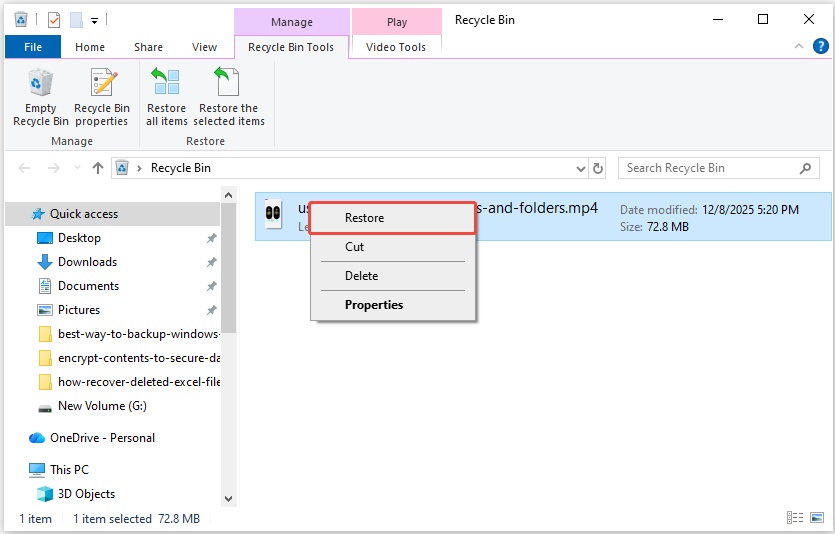 L'interface de la Corbeille affichant les éléments récemment supprimés sur le PC, avec l'option Restaurer sélectionnée.