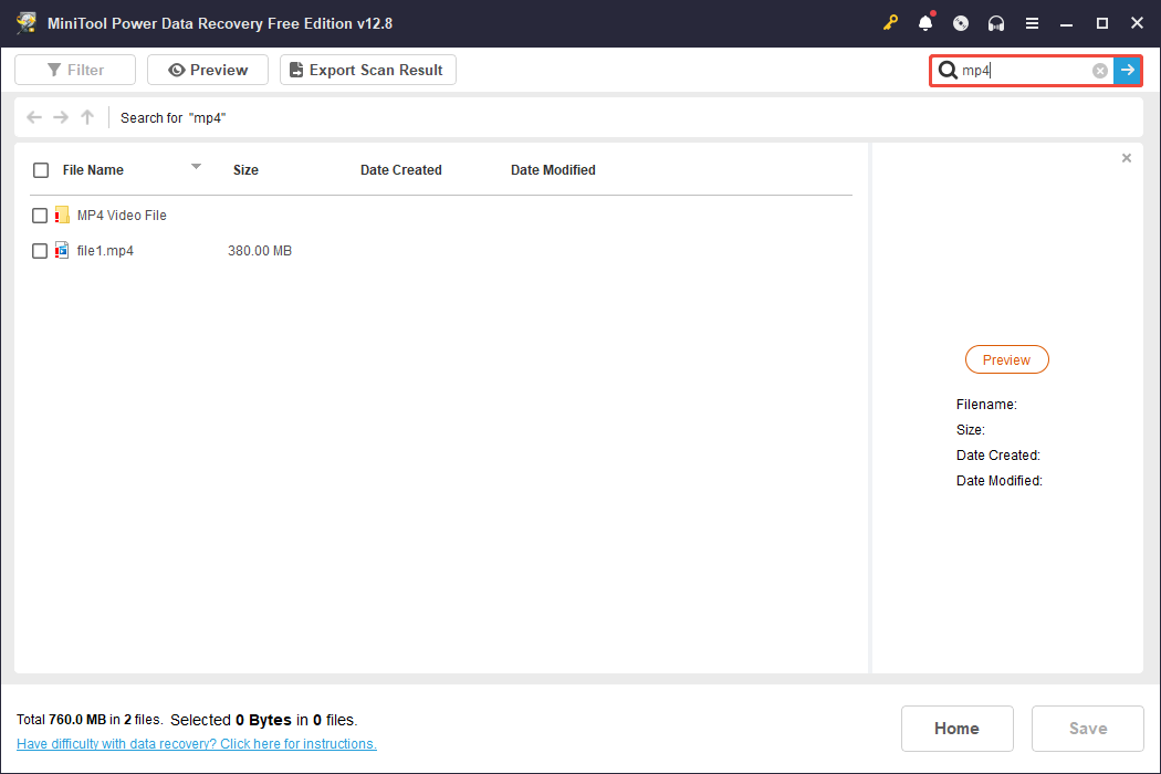 MiniTool Power Data Recovery interface showing the search result for mp4, with the search box highlighted.