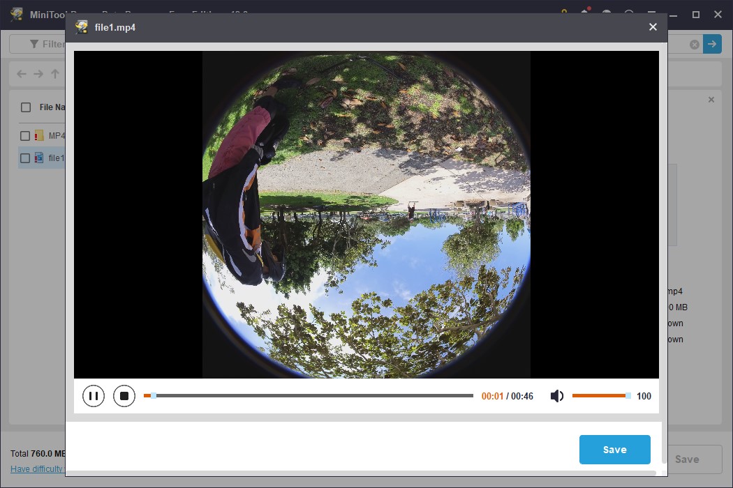 The preview interface in MiniTool Power Data Recovery showing a 360 degree video for file verification.