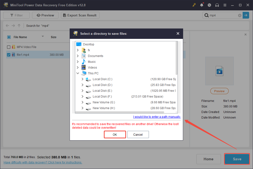 MiniTool Power Data Recovery interface showing the recovery window, with the Save and OK buttons selected.