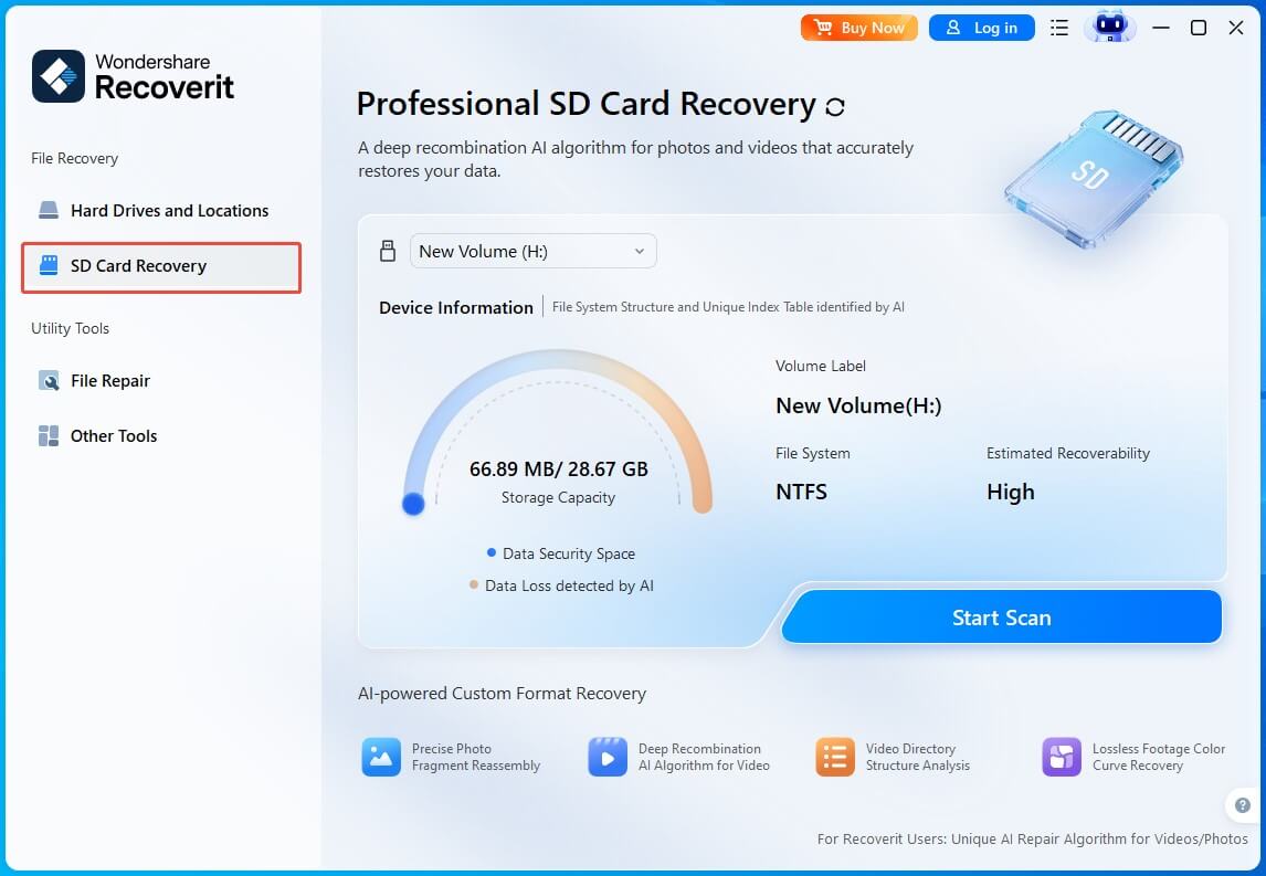 The Wondershare Recoverit interface showing the professional SD card recovery window, with SD Card Recovery selected.