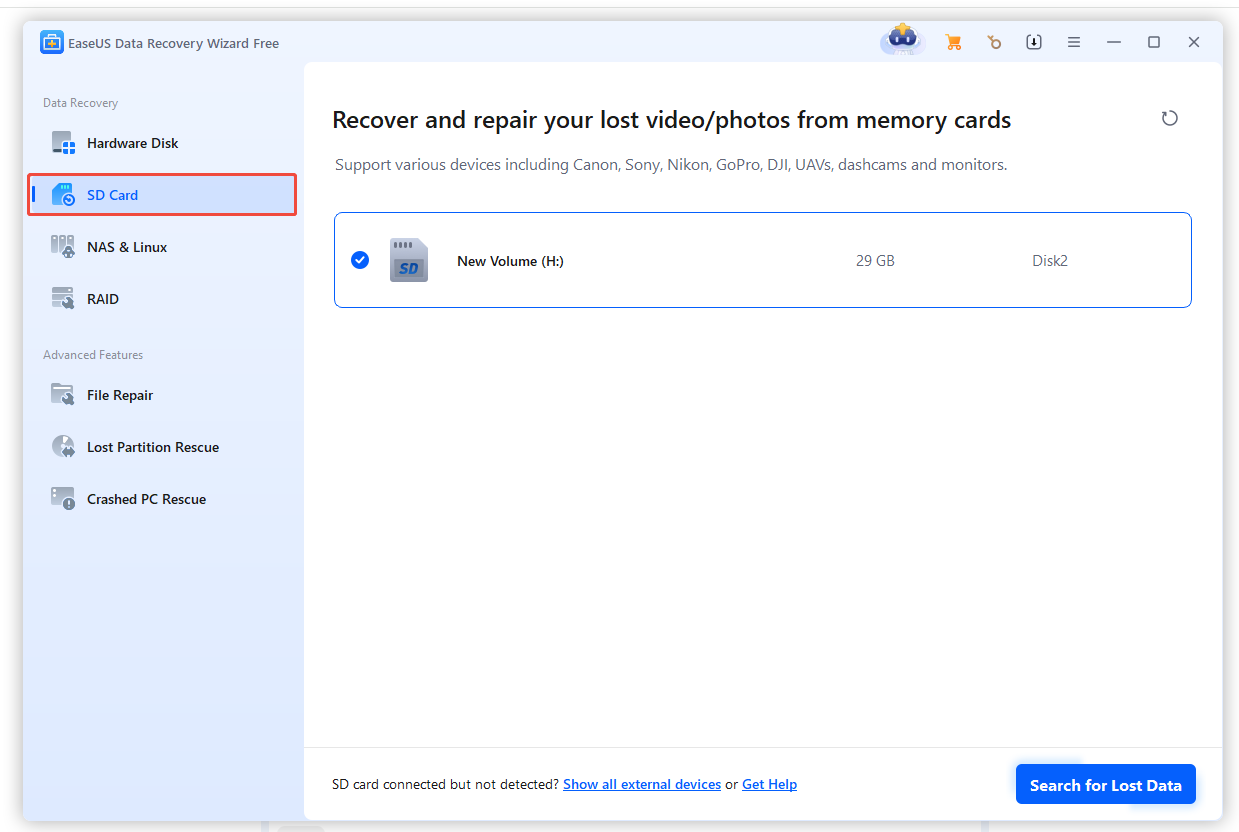 EaseUS Data Recovery Wizard interface showing the detected SD card, with the SD Card section highlighted.
