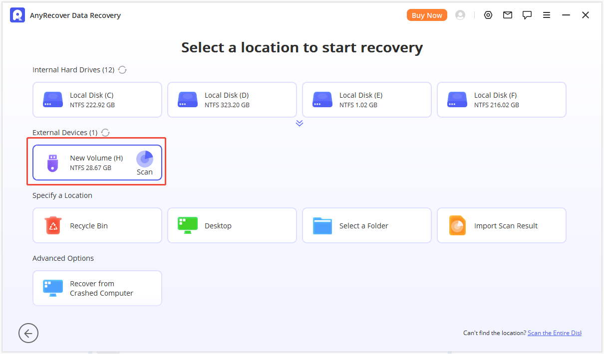 AnyRecover Data Recovery interface showing the devices and locations to scan, with the selected partition and Scan selected.