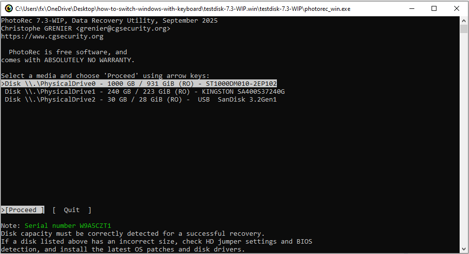 The PhotoRec interface showing the Command Prompt window with the data recovery information.
