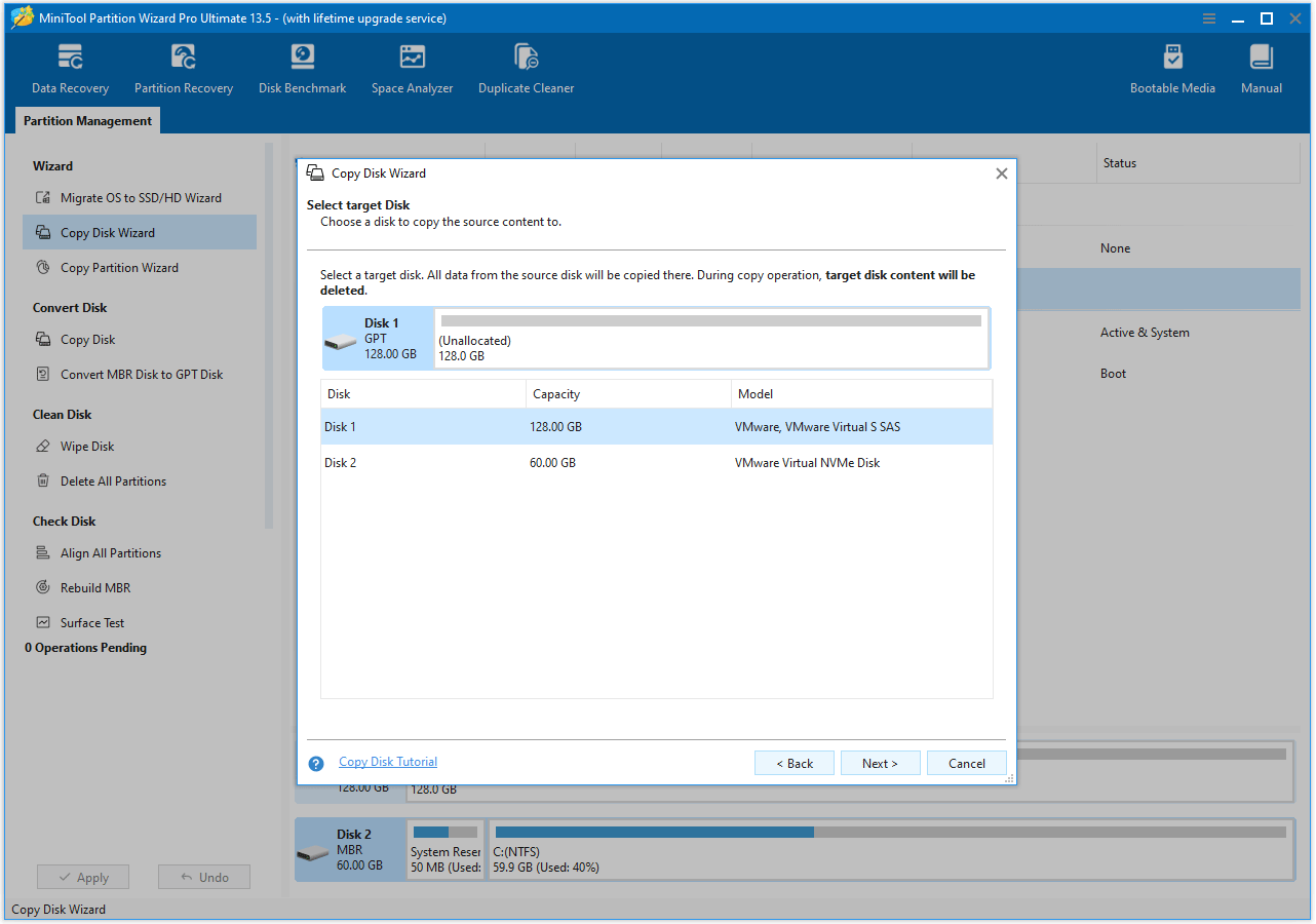 The Copy Disk Wizard interface asking you to select the target disks in MiniTool Partition Wizard.