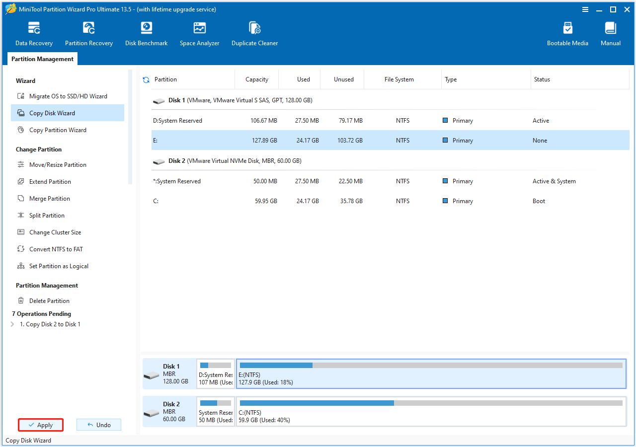 The Apply button selected to execute the cloning process in the MiniTool Partition Wizard interface.