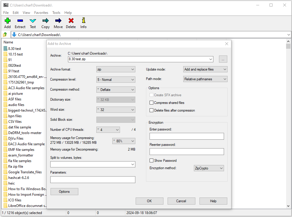 The Add to Archive window of 7-Zip.