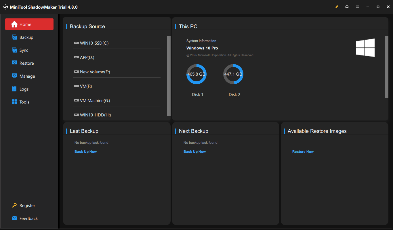 The interface of MiniTool ShadowMaker.