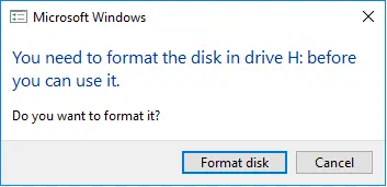 The error message shows that the USB drive needs to be formatted, and the file system becomes RAW on Windows.