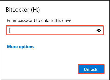 The BitLocker interface showing the password-protected USB unlocking window, with the Unlock button selected.