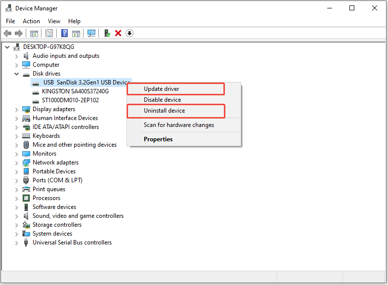 The Device Manager interface showing the USB drive under Disk drives, with Update driver and Uninstall device selected.