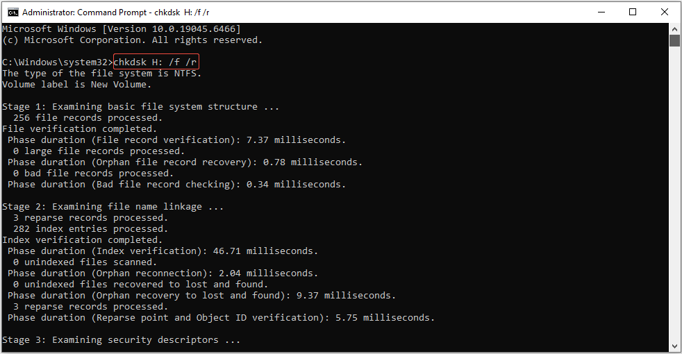 The Command Prompt interface showing the command running, with the CHKDSK command highlighted.