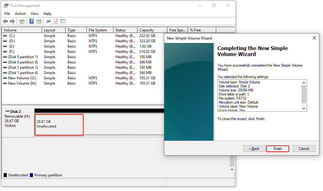 The Disk Management interface showing the New Simple Volume Wizard window, with Unallocated and Finish selected.