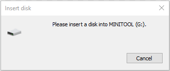 The error message interface displaying the Please insert a disk error for the USB drive.