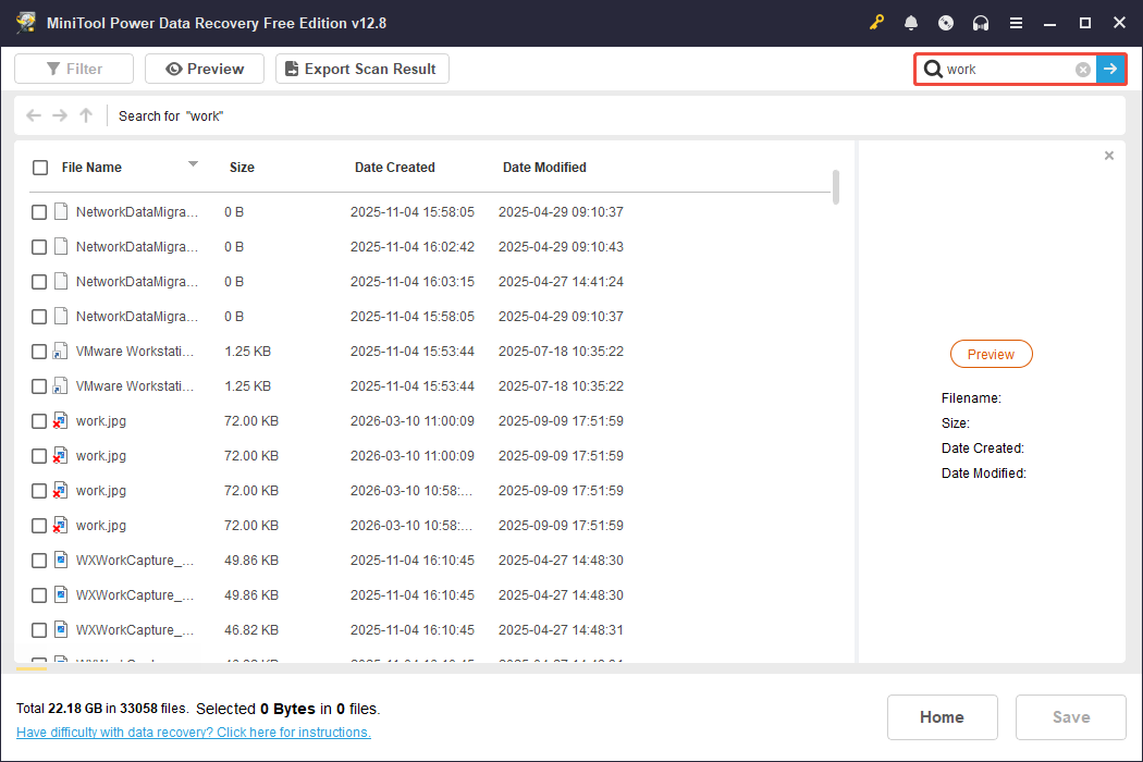 MiniTool Power Data Recovery interface displaying the search results for the keyword work, with the search bar selected.