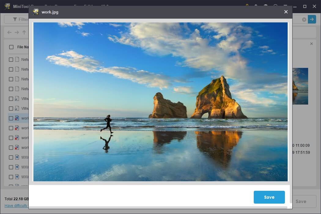The preview interface in MiniTool Power Data Recovery showing a person jogging on the beach for file verification.
