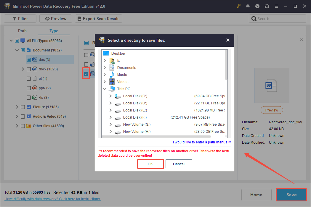 MiniTool Power Data Recovery interface showing the save location window, with the checked box, Save, and OK selected.
