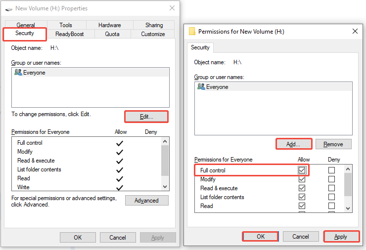 The Properties interface showing the USB permissions for user accounts, with Full control Security, and OK selected.