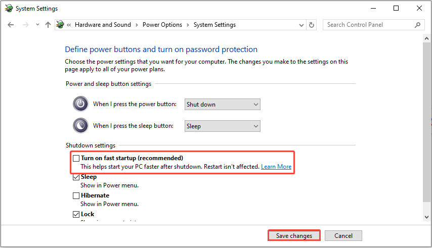 The System Settings interface showing the power settings, with Turn on fast startup and Save changes highlighted.