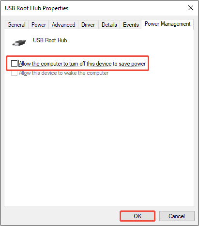 The Properties window with Allow the computer to turn off this device to save power and OK selected.