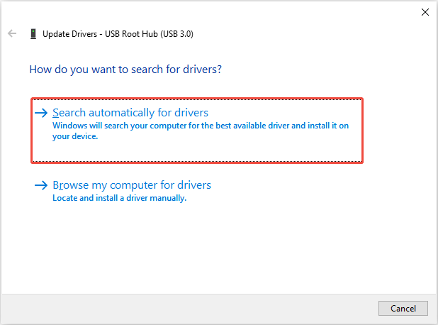 The Update Drivers interface in the Device Manager, with Search automatically for drivers highlighted.