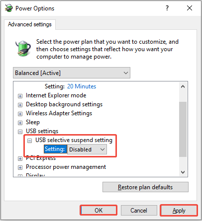 Power Options window showing the advanced settings, with the USB selective suspend setting and Disabled options selected.