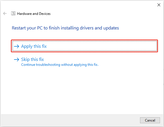 The Hardware and Devices interface showing inquiry information, with the Apply this fix option highlighted.