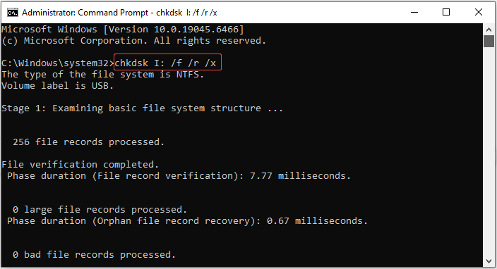The Command Prompt interface showing the CHKDSK command running, with chkdsk I: /f /r /x highlighted.