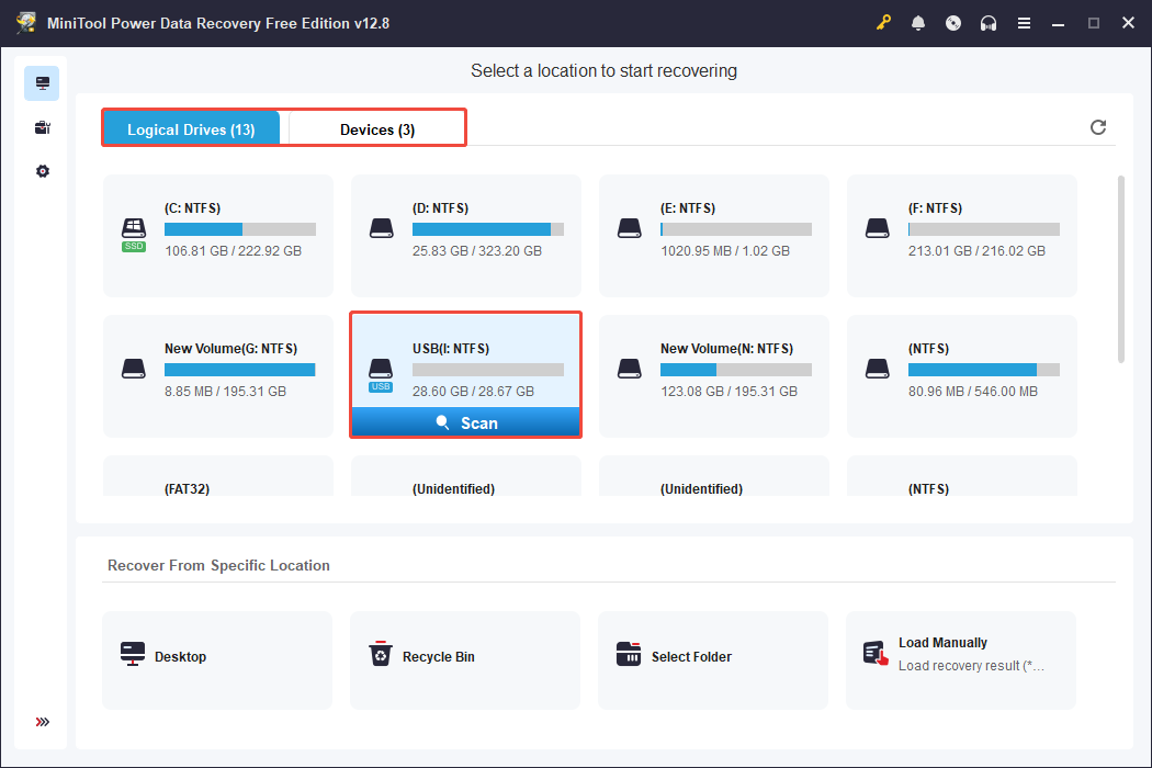MiniTool Power Data Recovery interface showing the detected partitions, with Logical Drives, Devices, and Scan selected.