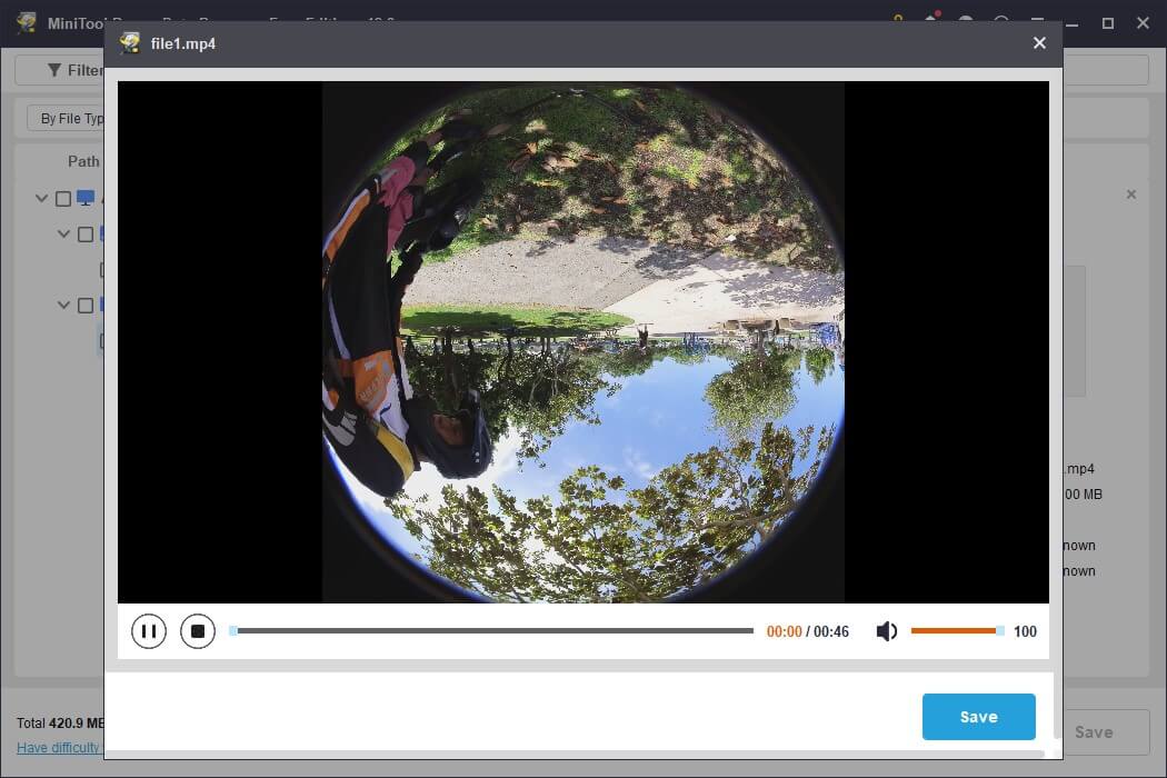 The preview interface in MiniTool Power Data Recovery showing a 360 degree video for file verification.