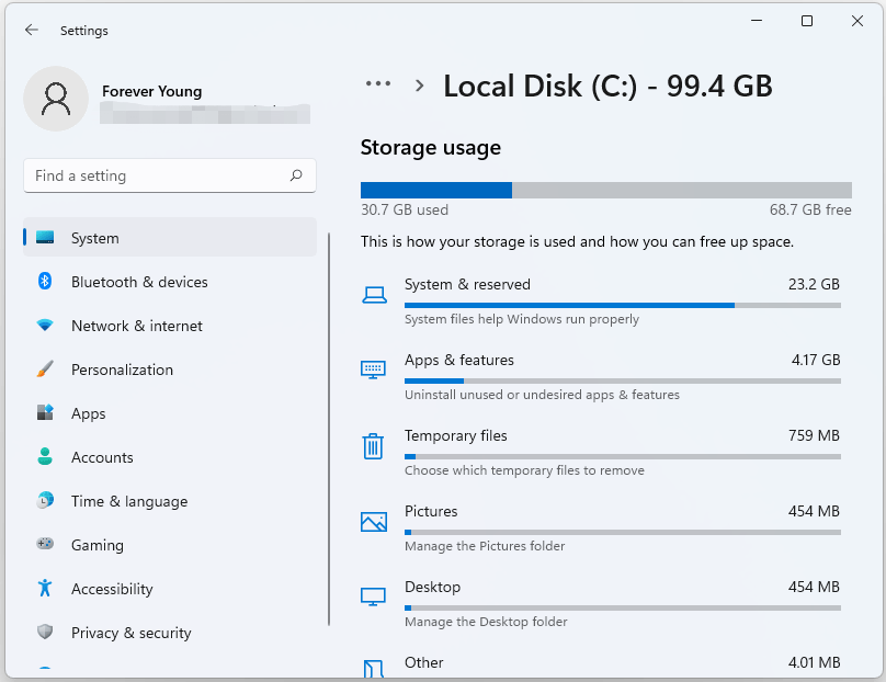 The Storage settings interface with the storage usage of different categories.