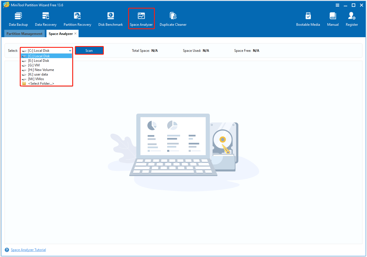 MiniTool Partition Wizard Space Analyzer interface asking you to select a partition to scan.