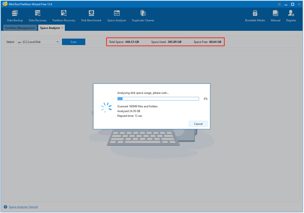 The Total Space, Space Used, Space Free option selected in MiniTool Partition Wizard.