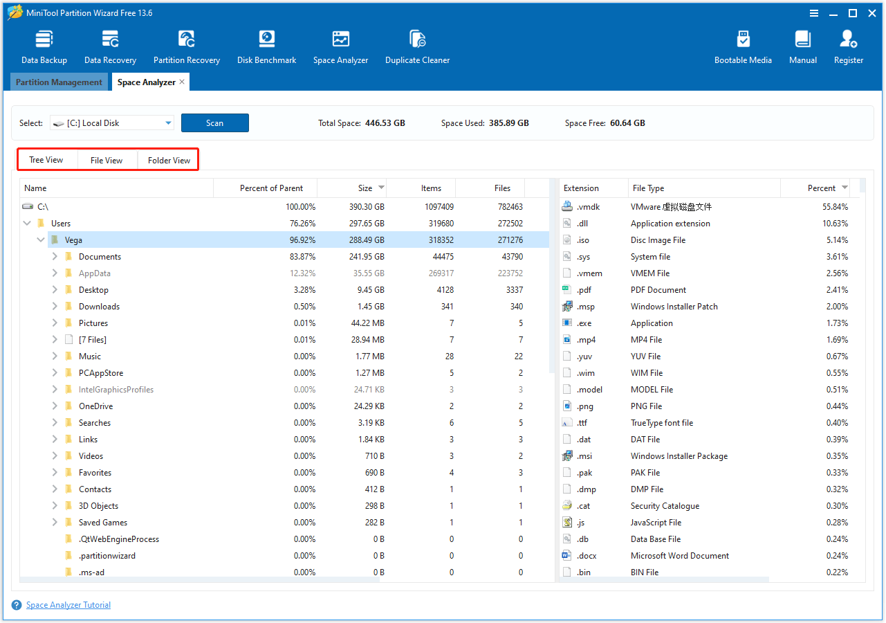 The Tree View, File View, and Folder View options selected in the MiniTool Partition Wizard interface.
