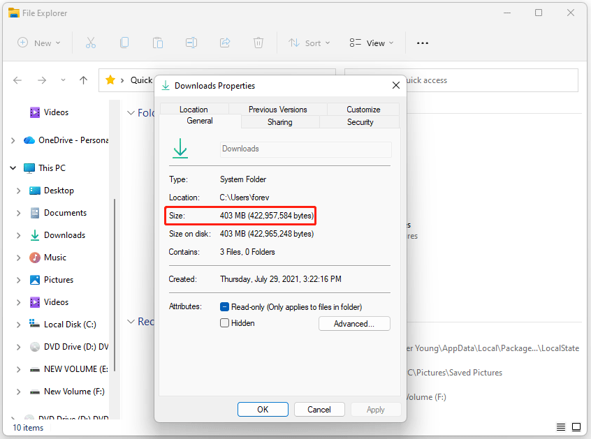 The Downloads Properties interface with the Size option selected in Windows File Explorer.