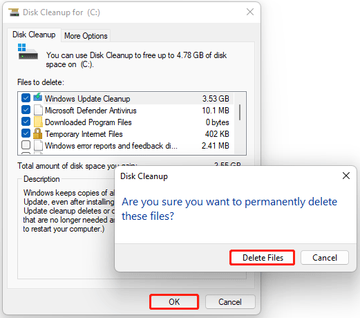 The Disk Cleanup window with the OK and Delete Files option selected.
