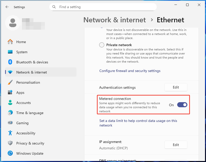 The Windows 11 Settings page with an enabled metered connection to fix TiWorker.exe high CPU.