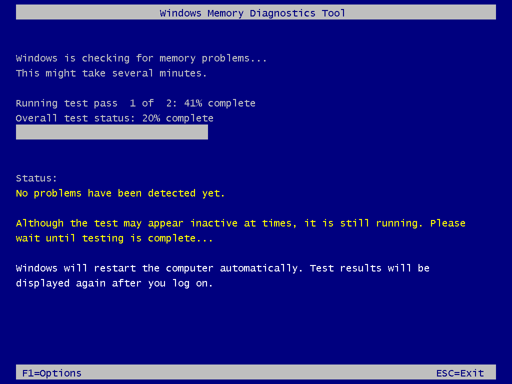 The Windows Memory Diagnostics Tool window with the running test.