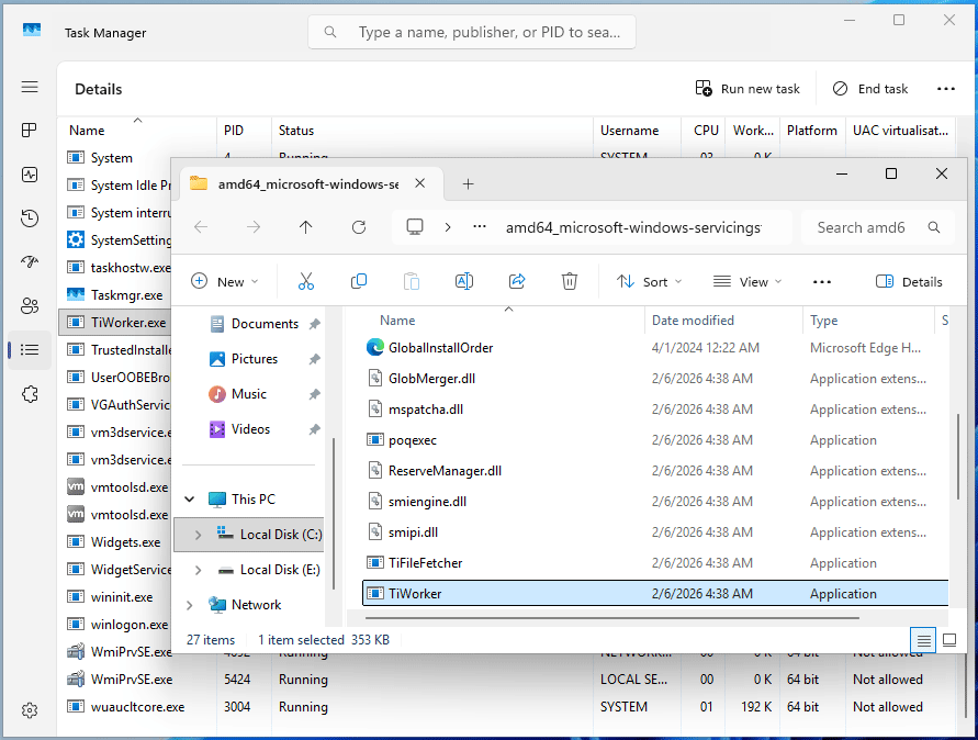 Screenshot showing the TiWorker file in File Explorer through Task Manager.