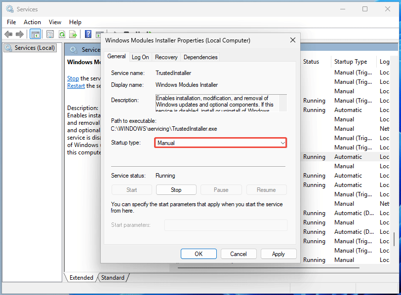 The Services interface with Manual selected for Windows Modules Installer’s startup type.