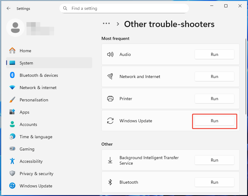 The Settings page with Windows Update Troubleshooter selected.