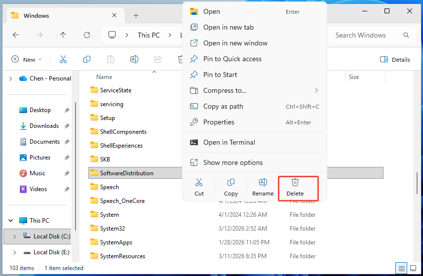 The Windows folder in the C drive with the selected Delete button to remove the SoftwareDistribution folder.