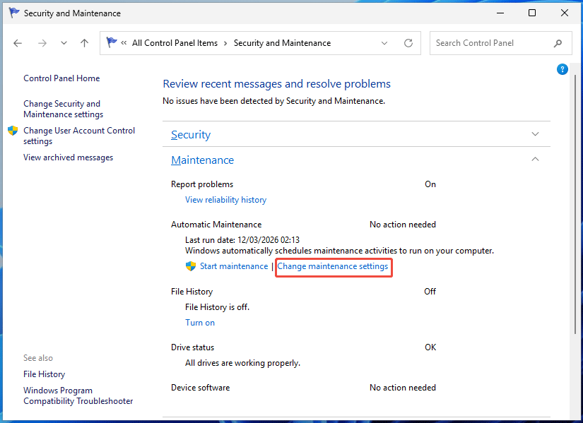 The Security and Maintenance window with Change maintenance settings selected.