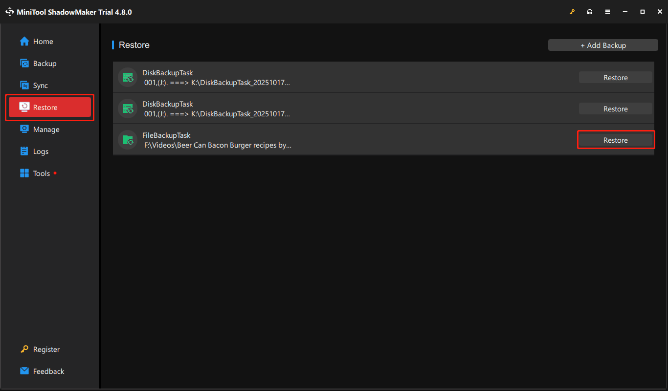 The MiniTool ShadowMaker interface with Restore function displayed and the Restore button next to the target backup file is highlighted.