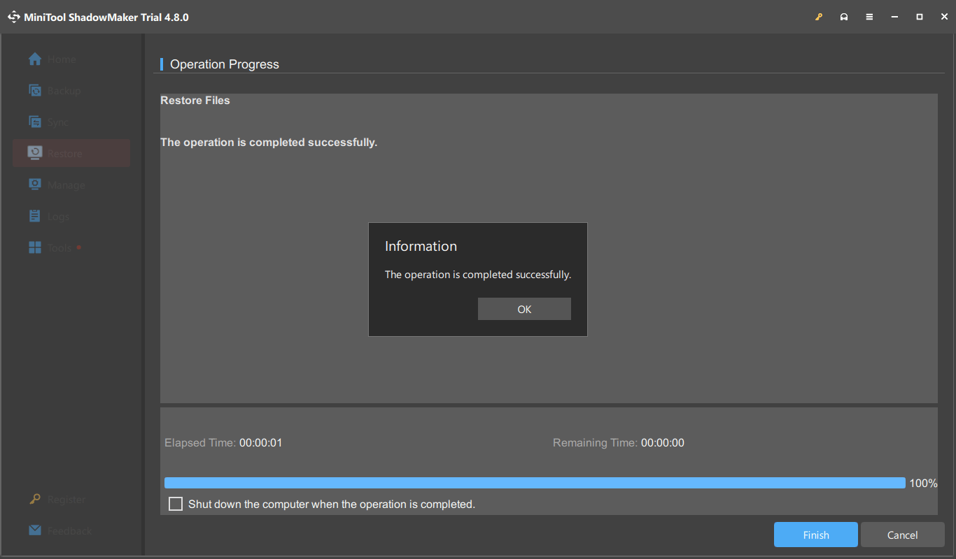The restore process interface with a window saying The operation is completely successfully and an OK button.